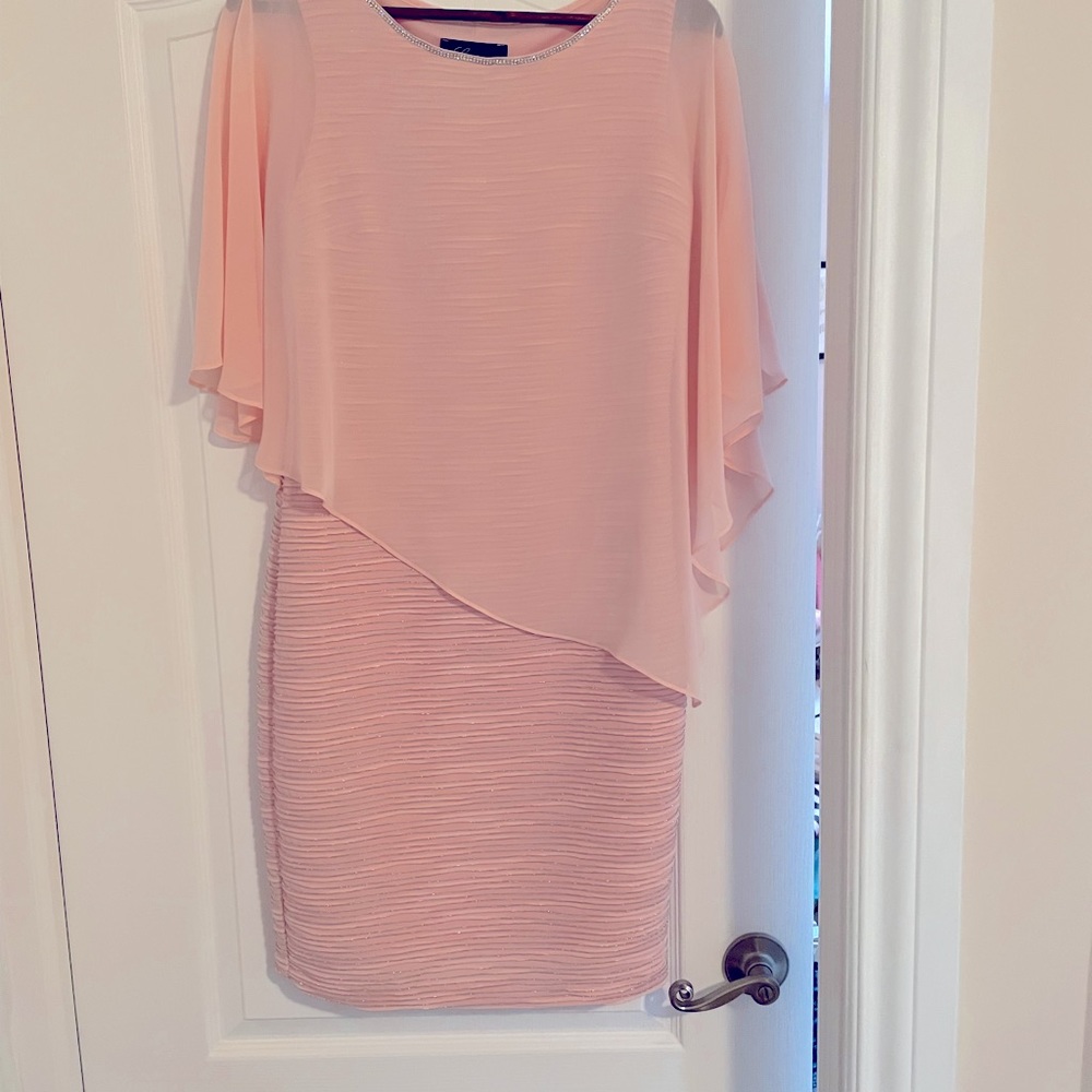 Beautiful mother of the groom dress with a silky draping shawl, sparkle edging